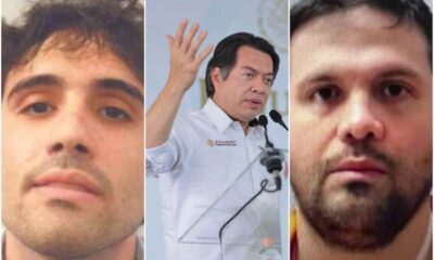 Collage de Ovidio y Joaquín Guzmán López, hijos del "Chapo" Guzmán, quienes habrían "cantado" con Estados Unidos supuestos vínculos con altos funcionarios de Morena, como el titular de la SEP, Mario Delgado.