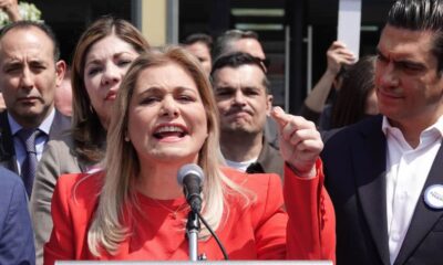 Imagen de la gobernadora de Chihuahua, Maru Campos; el presidente nacional del PAN, Jorge Romero Herrera; el coordinador del PAN en el Senado, Ricardo Anaya Cortés; y el coordinador del PAN en la Cámara de Diputados, Elías Lixa, quienes acudieron a las instalaciones de la FGR para rendir declaración sobre el citatorio a la gobernadora, donde reiteraron el respaldo total del partido hacia Maru Campos.