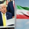 Una composición dividida que muestra al expresidente de Estados Unidos, Donald Trump, hablando en el Salón Oval de la Casa Blanca del lado izquierdo, y la bandera de Irán ondeando con su emblema central en el lado derecho.