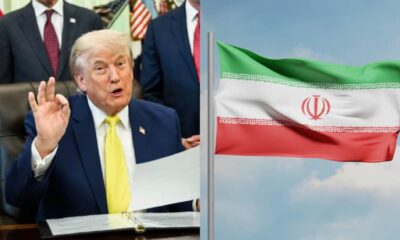 Una composición dividida que muestra al expresidente de Estados Unidos, Donald Trump, hablando en el Salón Oval de la Casa Blanca del lado izquierdo, y la bandera de Irán ondeando con su emblema central en el lado derecho.