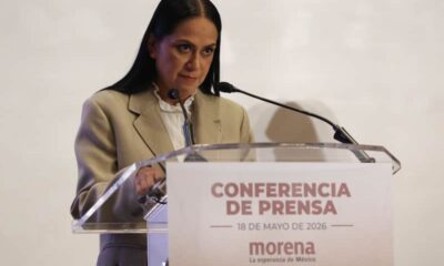 Imagen de Ariadna Montiel, presidenta nacional de Morena, durante una conferencia de prensa donde hablaron sobre la marcha realizada en Chihuahua el sábado pasado.